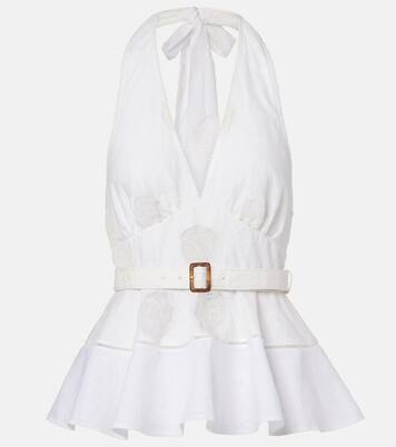 Broderie anglaise peplum linen and cotton top | Self-Portrait