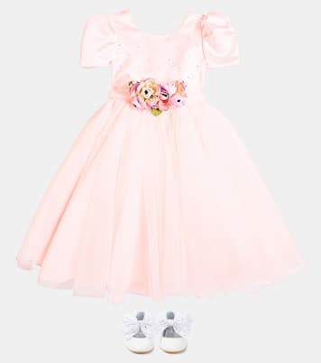 Floral-appliqué embellished tulle dress | Monnalisa
