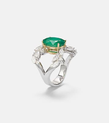 Anello in oro bianco 18kt (750/1000) con diamanti e smeraldo | Yeprem