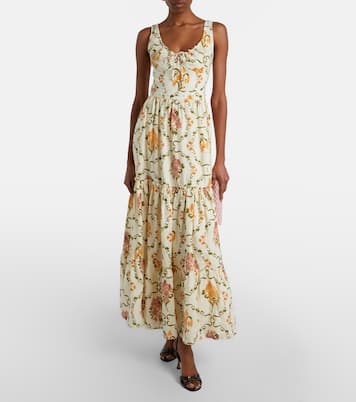 Vestido largo Azulejo de lino floral adornado | Agua by Agua Bendita