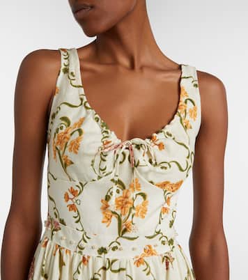 Vestido largo Azulejo de lino floral adornado | Agua by Agua Bendita