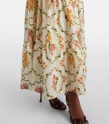 Vestido largo Azulejo de lino floral adornado | Agua by Agua Bendita