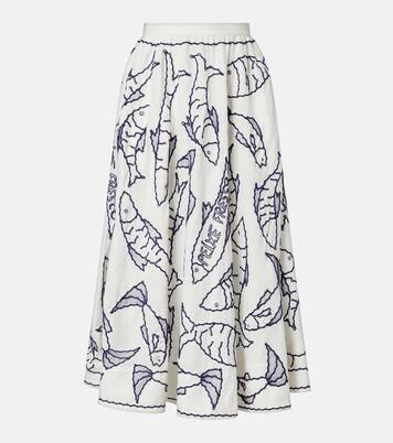 Falda midi en mezcla de lino bordada | Farm Rio