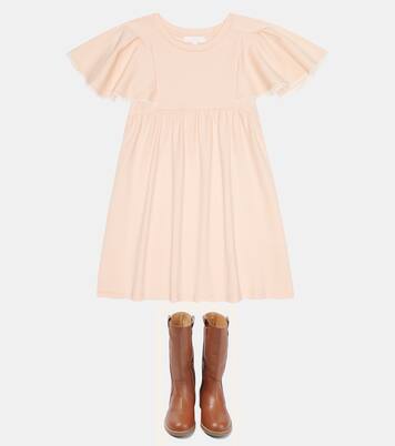 Embroidered ruffle-sleeve cotton dress | Chloé Kids