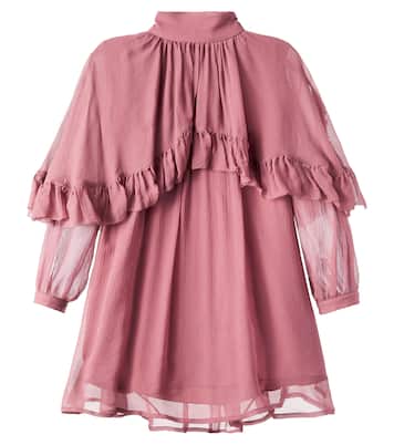 荷叶边披肩式真丝连衣裙 | Chloé Kids