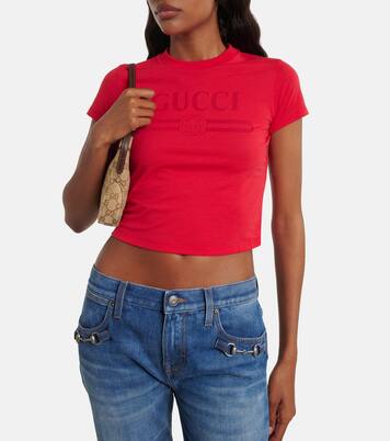 T-shirt cropped in misto cotone con logo | Gucci