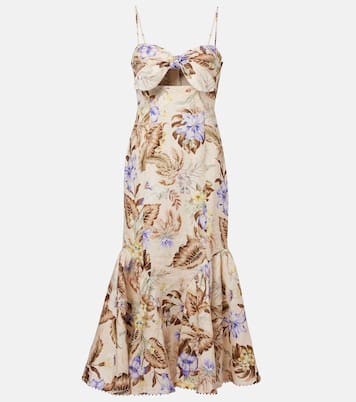 Coco bow-detail floral linen midi dress | Zimmermann