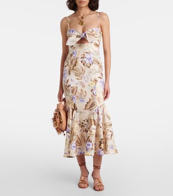 Coco bow-detail floral linen midi dress | Zimmermann