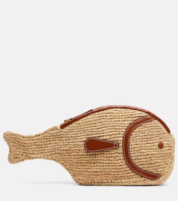 Pesce leather-trimmed raffia clutch | Staud