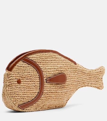 Pesce leather-trimmed raffia clutch | Staud