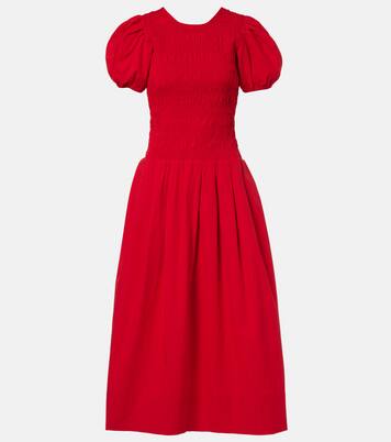 Shirred cotton-blend poplin midi dress | Ganni
