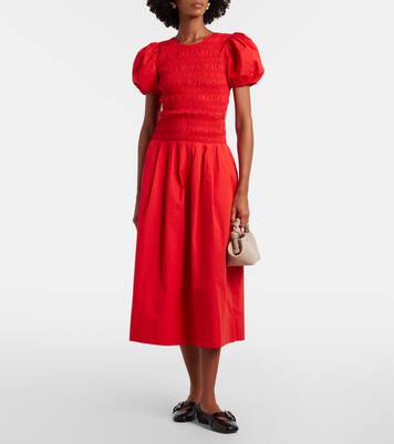 Shirred cotton-blend poplin midi dress | Ganni