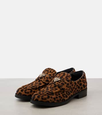 Logo leopard-print calf hair loafers | Prada