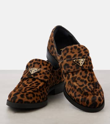 Logo leopard-print calf hair loafers | Prada