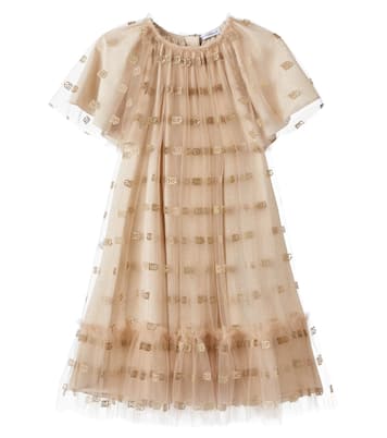 Ruffled logo embroidered tulle dress | Dolce&Gabbana Kids
