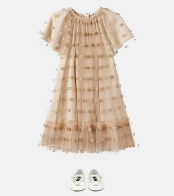 Ruffled logo embroidered tulle dress | Dolce&Gabbana Kids