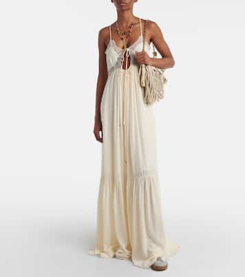 Abito lungo in crêpe de chine di seta con pizzo | Chloé