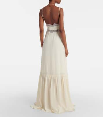 Abito lungo in crêpe de chine di seta con pizzo | Chloé