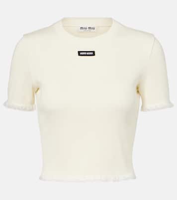 Cropped lace-trimmed cotton T-shirt | Miu Miu