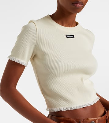 Cropped lace-trimmed cotton T-shirt | Miu Miu