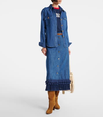 Fringed denim midi skirt | Valentino