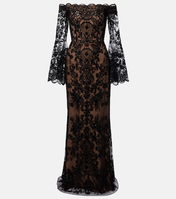 Sequined off-shoulder lace gown | Elie Saab