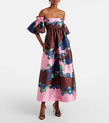Robe longue en satin à encolure bardot | Alémais