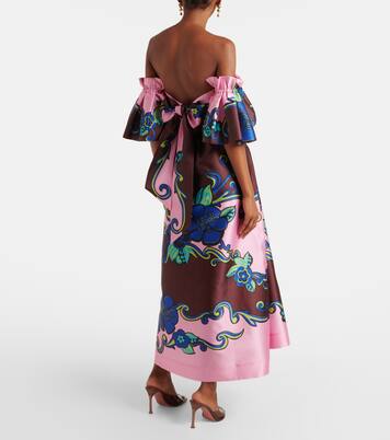 Robe longue en satin à encolure bardot | Alémais