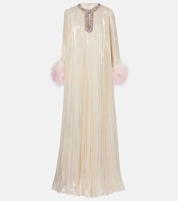 Embellished feather-trimmed silk-blend maxi dress | Self-Portrait