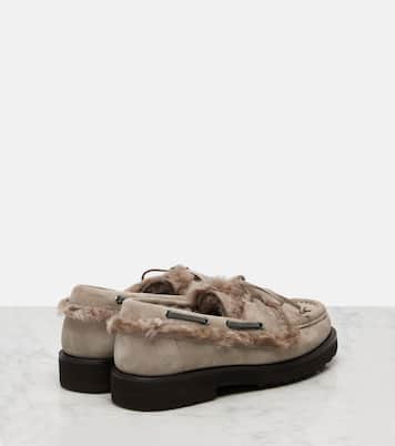 Monili shearling-trimmed suede boat shoes | Brunello Cucinelli