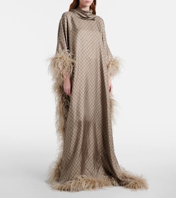 Caftano GG in twill di seta con piume | Gucci