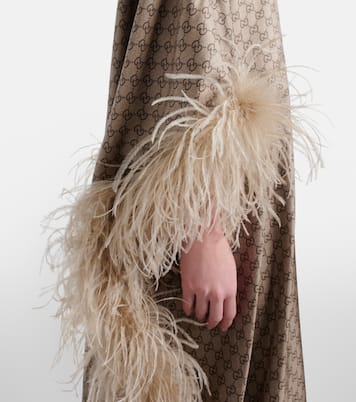 Caftano GG in twill di seta con piume | Gucci