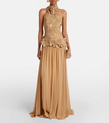 Raffia-trimmed silk-blend tulle gown | Elie Saab
