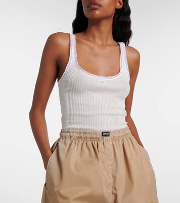 Lace-trimmed ribbed-knit cotton tank top | Prada