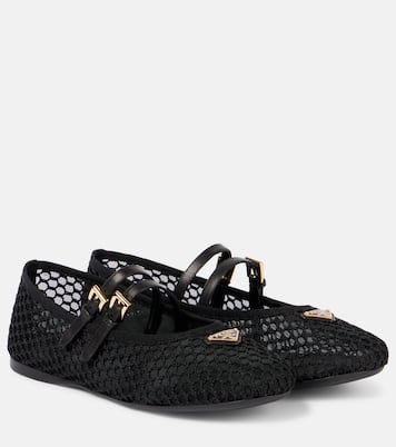 Logo leather-trimmed mesh ballet flats | Prada