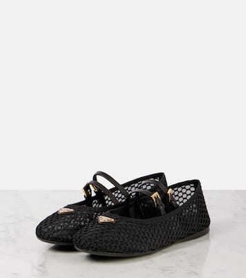 Logo leather-trimmed mesh ballet flats | Prada