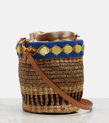 VLogo Small embellished raffia-effect bucket bag | Valentino Garavani