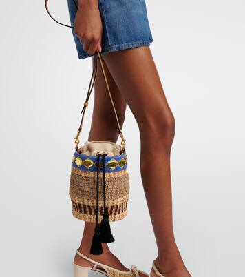 VLogo Small embellished raffia-effect bucket bag | Valentino Garavani