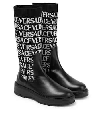 Jacquard knit-trimmed leather boots | Versace Kids