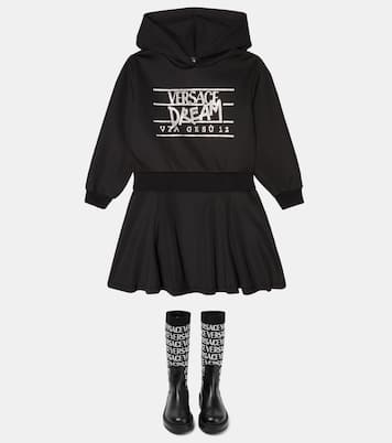 Jacquard knit-trimmed leather boots | Versace Kids