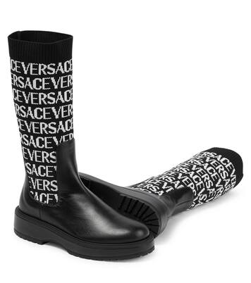 Jacquard knit-trimmed leather boots | Versace Kids
