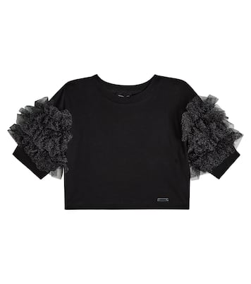 Tulle-trimmed cotton jersey T-shirt | Monnalisa