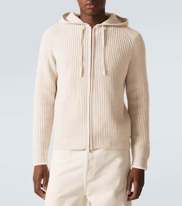 Hooded ribbed-knit cashmere zip-up cardigan | Arch4