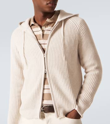 Hooded ribbed-knit cashmere zip-up cardigan | Arch4