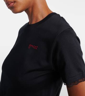 Embroidered lace-trimmed cotton jersey T-shirt | Gucci