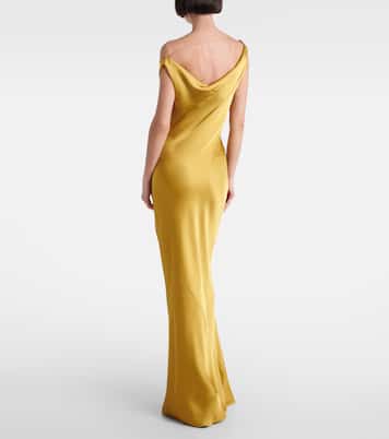 Robe longue Maria asymétrique en crêpe de satin  | Norma Kamali