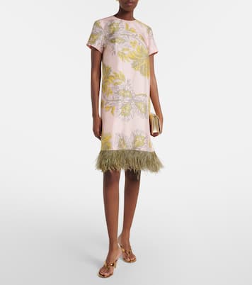 Swing feather-trimmed floral silk twill minidress | La DoubleJ