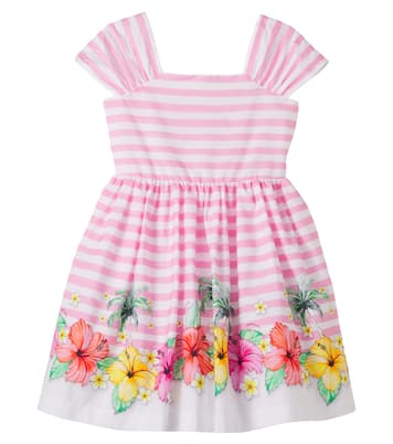Floral striped tulle-trimmed cotton dress | Monnalisa