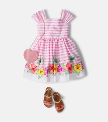 Floral striped tulle-trimmed cotton dress | Monnalisa