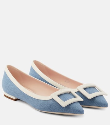 Leather-trimmed denim ballet flats | Roger Vivier